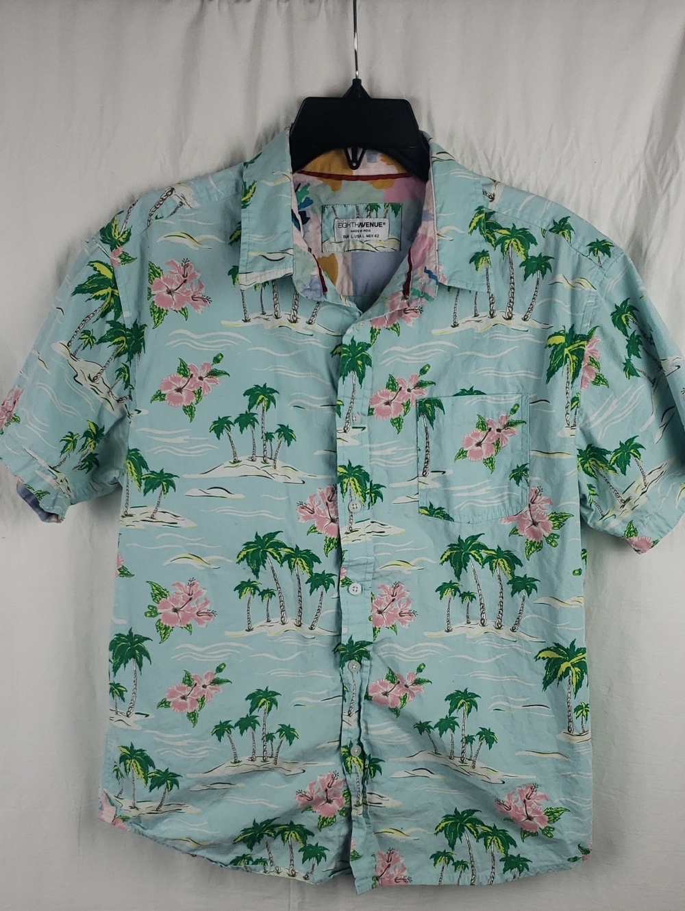 Eighth Avenue Men's Large Light Blue Tropical Hawaiian Button Up Shirt